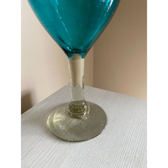 Heavy Aqua Luster Blue Glass Goblet Cup with Clear Luster Stem and Base Hand Blo - Picture 6 of 13